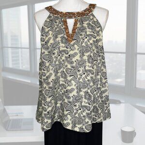 THML Womens M Paisley Keyhole Tank Top Sleeveless Blouse Cream Boho Embroidery